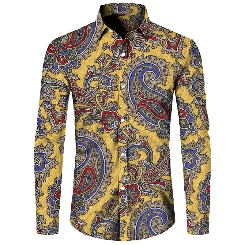 thumbnail image 1 of Camisa de moda para hombre, estampado 3D de flores de anacardo de cachemira, cuello vuelto, botones, manga larga, ropa de calle vintage para hombre y mujer, 1 of 5