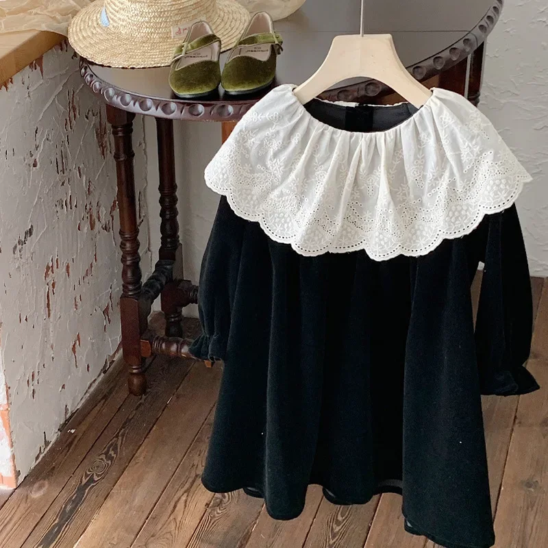 

Vintage Style Spirng Autumn Baby Girls Dresses Black Lacy Border Turndown Collar A-line Princess Dresses Kids Outwear