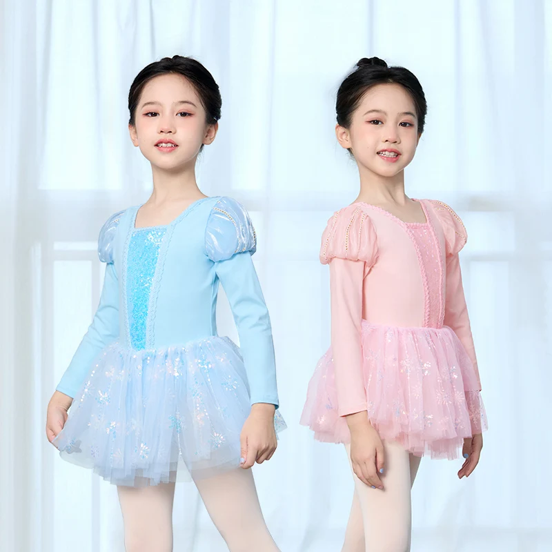 Kids Girls Ballet Leotard Tutu Tulle Dress Puff Sleeve Dance Bodysuit V-shaped Sequins Dance Leotard Princess Tutu Dress