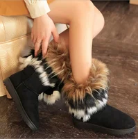 Women's Mid-Calf Fox Fur Snow Boots Cotton Lined Flat Shoes round Toe Rubber Sole Winter Comfort Leisure Style Footwear