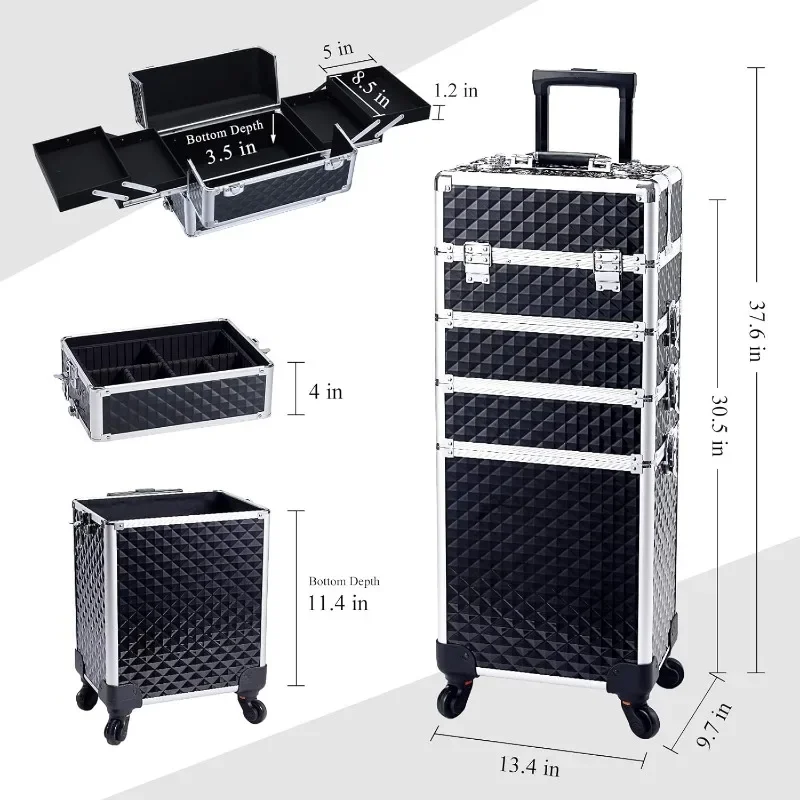 4 in 1 Rolling Makeup Case Cosmetic Train Case Trolley Roll Travel Box for Makeup Artist, Hairstylists, Nail Tech Makeup Cart 4