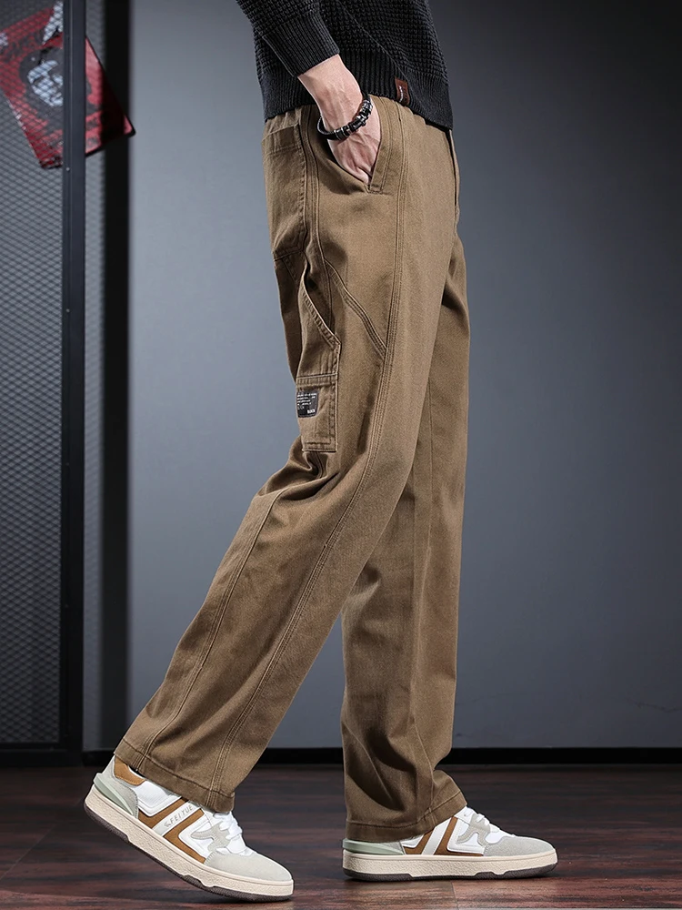 Khaki Cotton Baggy Straight Pants Men Autumn Korean Style Outdoor Casual Elastic Waist Loose Trousers