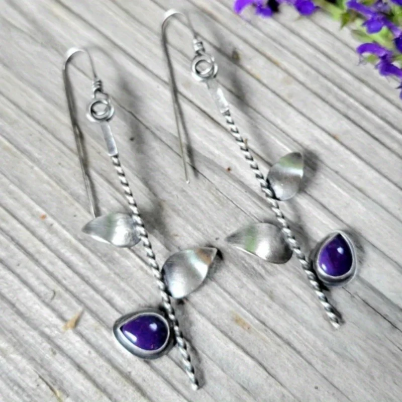 Vintage Silber Farbe Wassertropfen eingelegt mit lila Steinen Ohrringe ethnische Metallschnitzerei Blatt baumeln Ohrringe Schmuck