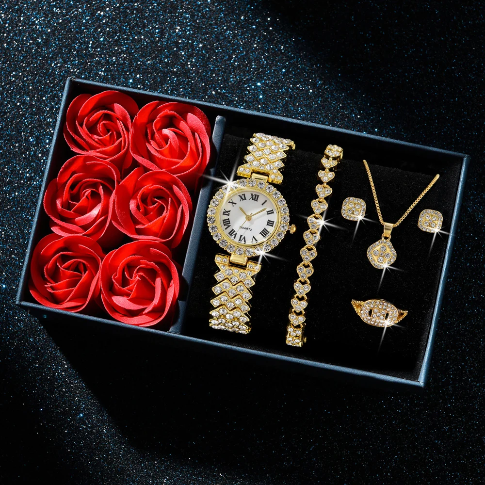 Mode Luxe Vrouwen Gouden Horloge Armband Ketting 6 Stuks Set Dames Quartz Polshorloge Valentijnsdag Moeder Dag Cadeau