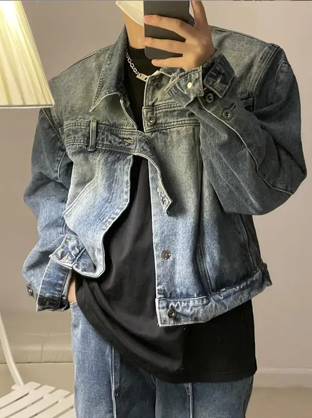 

Роскошные джинсовые куртки для мужчин 2023 корейская мода синяя Повседневная элегантная однобортная Высококачественная однотонная джинсовая куртка Y2K w606