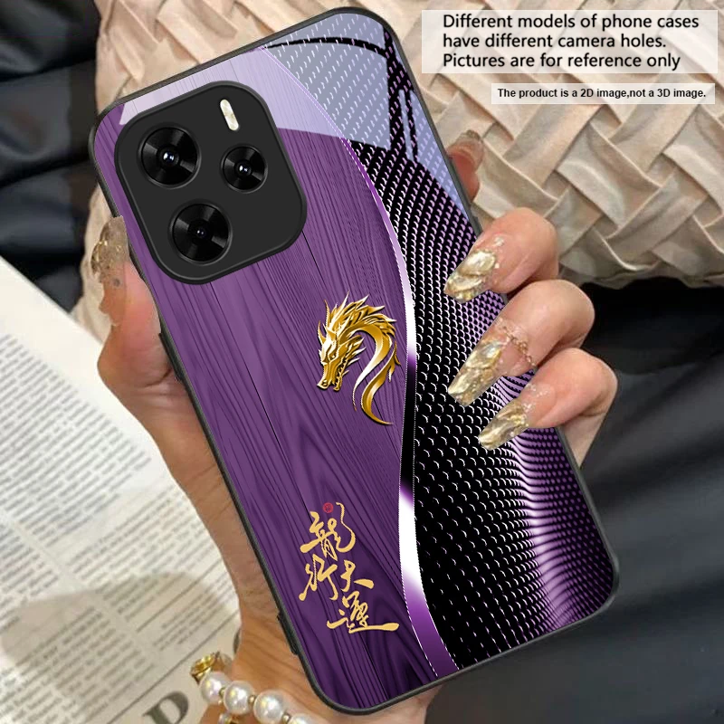 Elegant Black Tempered Glass Phone Case with Traditional Dragon Totem Design