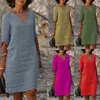 Vintage Solid Mini Dress Women Fashion Summer V-neck Three Quater Sleeve Cotton Linen Party Dresses Ladies Casual Femme Vestidos 6