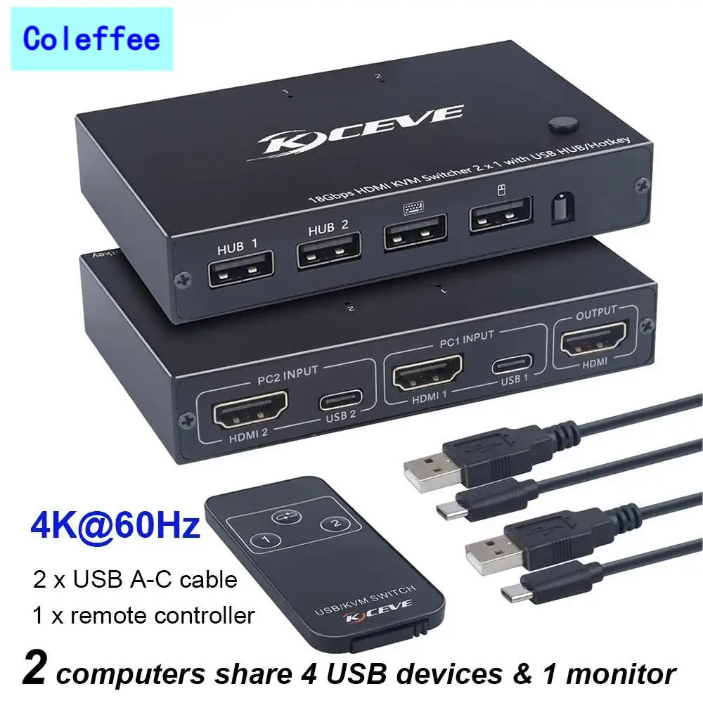 

KVM Switch HDMI-Compatible 4K 60Hz USB HDMI2.0 Switcher 2 Computer Share Keyboard Mouse Box 4K@60Hz Laptop Hotkey Remote Control