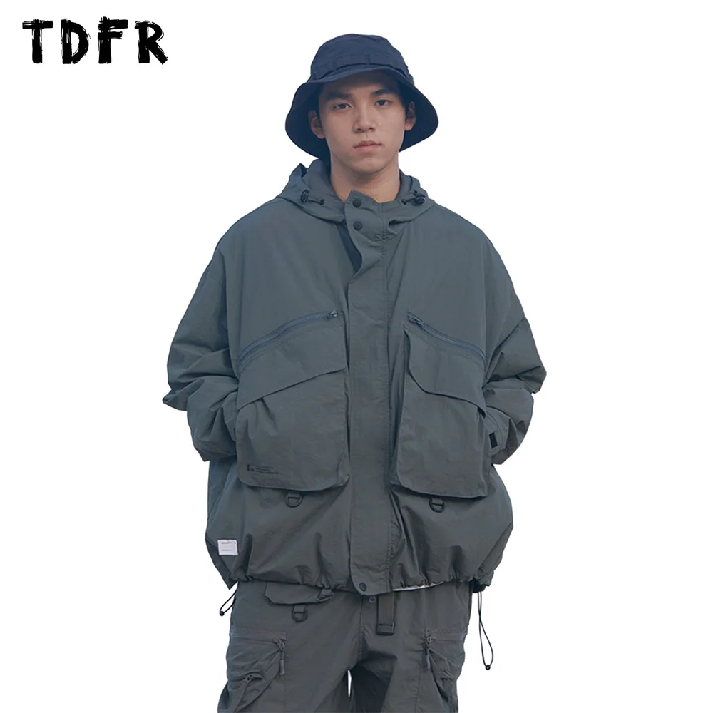 

Pocket Cargo Hooded Jacket Mens Autumn Winter Solid Color Safari Style Loose Long Sleeve Windbreaker Men Outerwear
