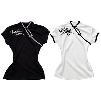 NEW Chinese style cheongsam Solid color Fashion Top Classic Minimalist Casual Streetwear High street Chic Short Sleeve T-shirt 1