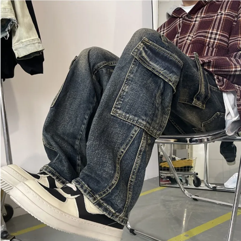 Men's Patchwork Blue Cargo Jeans Unisex Straight Casual Trousers Men Muti-pockets Hip Hop Streetwear 90s Vintage Fashion Pants 5
