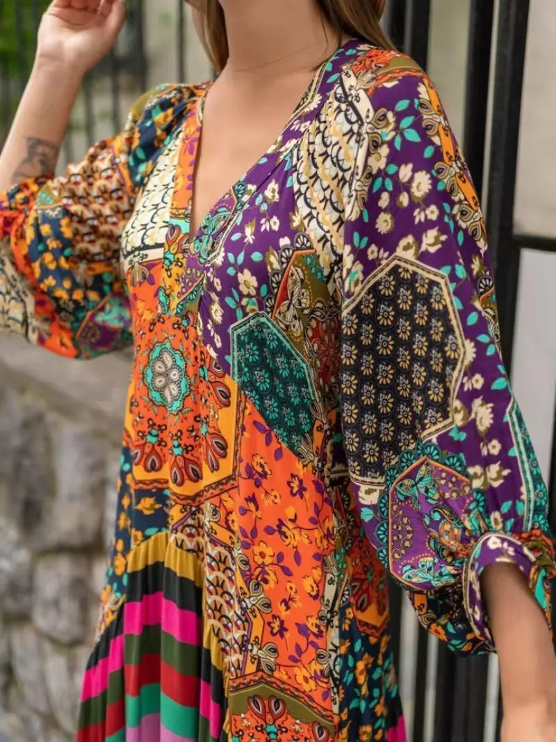 Vintage print maxi dress Summer 1/2 sleeve v-neck swing ladies retro loose clothes 2022 Bohemian holiday beach dress