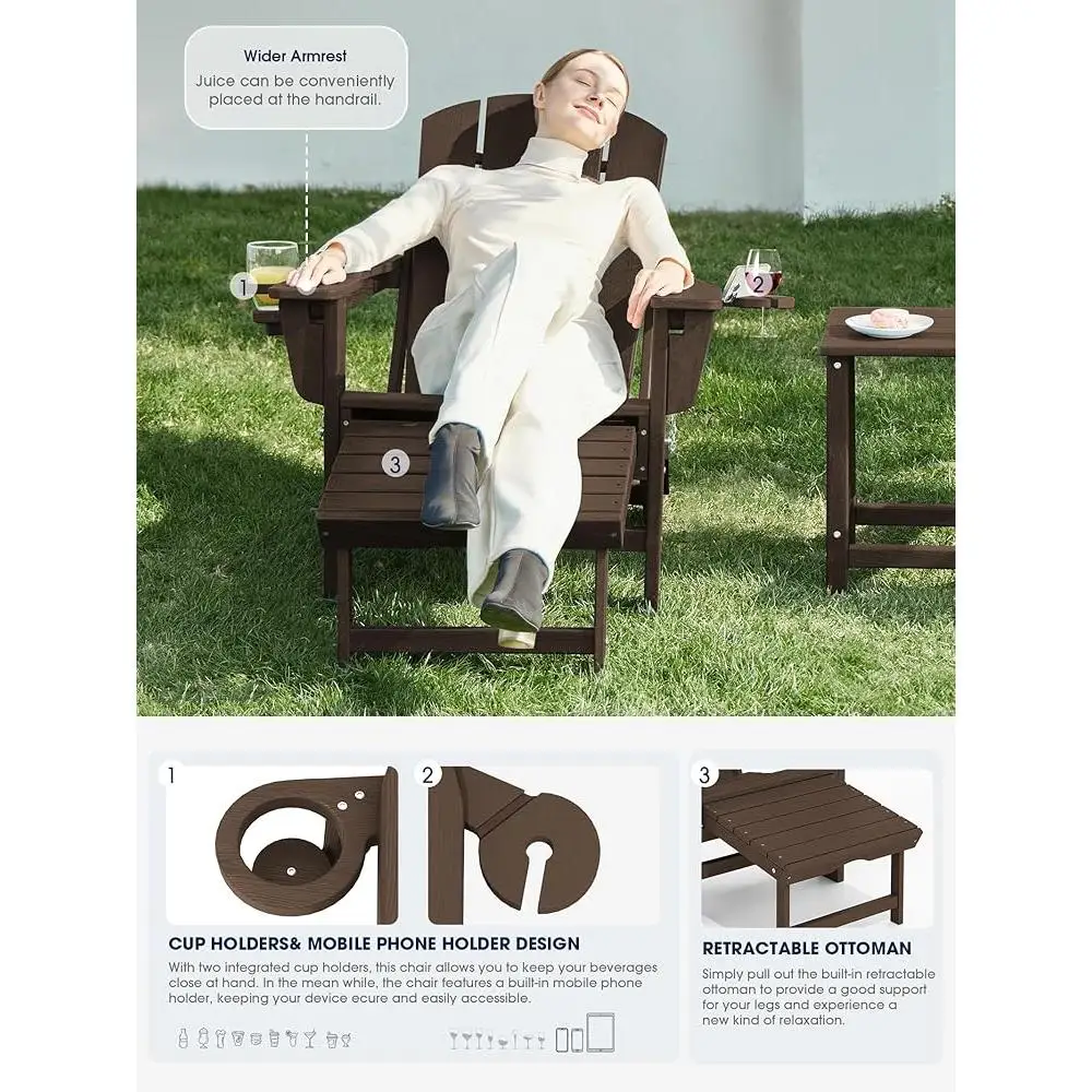 Folding Adjustable Adirondack Chair Set with Ottoman and Cup Holder Outdoor Relaxation Oversized Reclining Lounger 2 Pcs 4