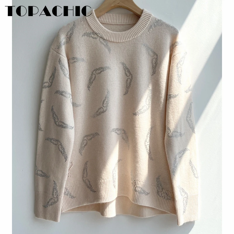 

10.18 TOPACHIC Women's Soft Comfortable Cashmere Knitted Wing Rhinestone Casual Pullover Sweater