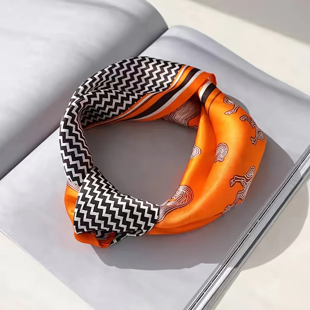 Women's Orange Striped Horse Square Scarf Natural Silk Scarf Casual Versatile Decoration Small Neck printed scarf silk scarf square scarf