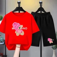 Ensemble t-shirt et short décontracté pour enfants, imprimé petit ours, col rond, manches courtes, 2 pièces, été 3