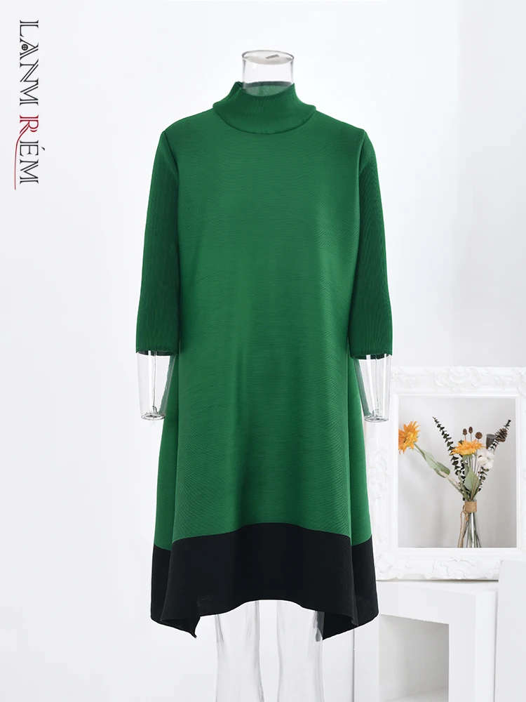 

LANMREM Women Casual Contrast Color Pleated Dress Fashion Turtleneck A-line Loose Mid Length Dresses Fashion 2024 New 2Ea1108