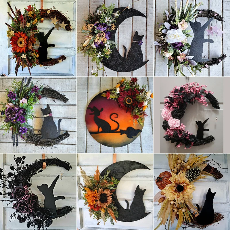 

Halloween Moon Cat Wreath Door Hanging Decoration Festive Dead Branch Cat Vine Circle Atmosphere Decor Black Cats Garland