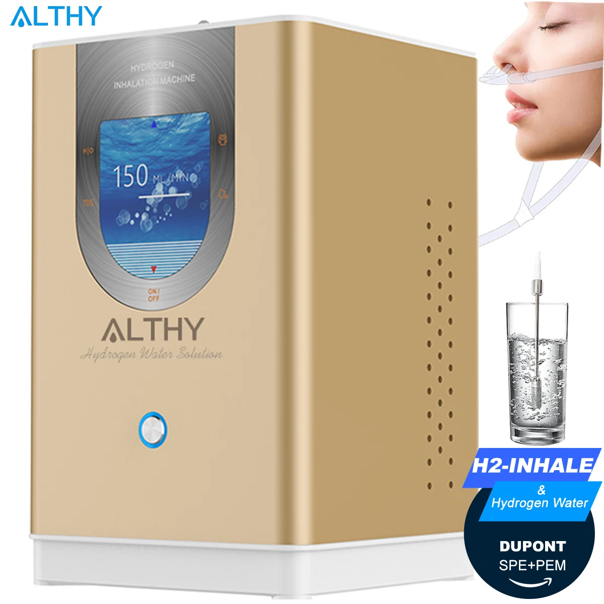 

ALTHY Hydrogen Inhalation Machine & Hydrogen Water Generator 99.99% High Purity Low Noise H2 Inhalation SPE/PEM 150ml/min