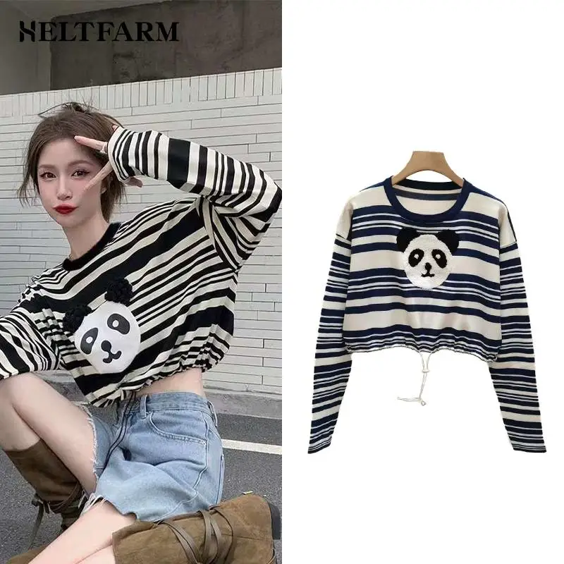 

Women Striped Long Sleeve Crop Tops Cartoon Panda T-shirts Casual Drawstring Wear