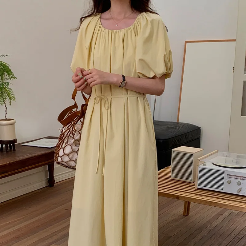 

Summer Dress for Women Japanese Style Loose Elegant Simplicity Solid Color Short-sleeved Round Neck Lace-up Mid-calf Dress