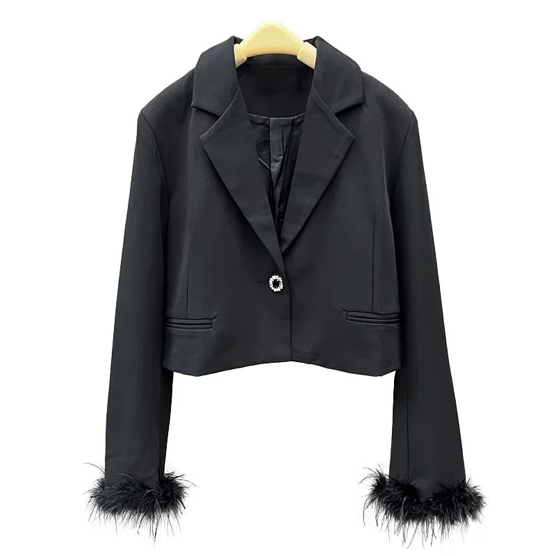 

Women Spring Suit Fashion Turn Down Collar Lady Blazer Feather Cuff Single Button Short Coat S5454