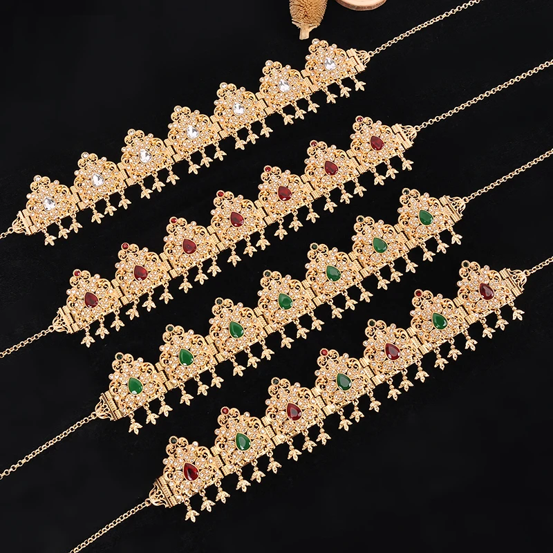 Water Drop Crystal Bridal Hair Chain Colorful Rhinestone Algerian Women Gold Plated Hair Jewelry Big Tiaras and Crowns