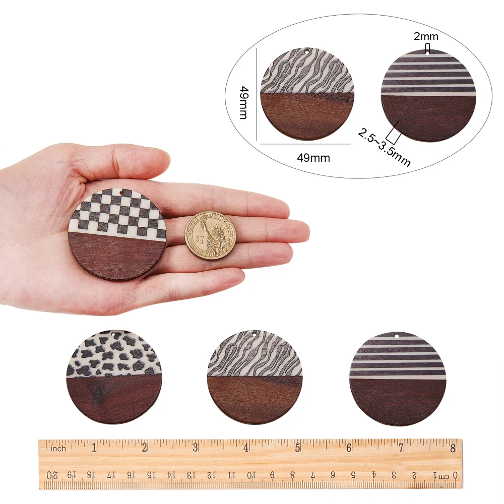 8Pcs Zebra Stripes Lattice Leopard Pattern Printed Resin & Wood Pendants Round Wooden Charms for Girl Jewelry Making Accessories