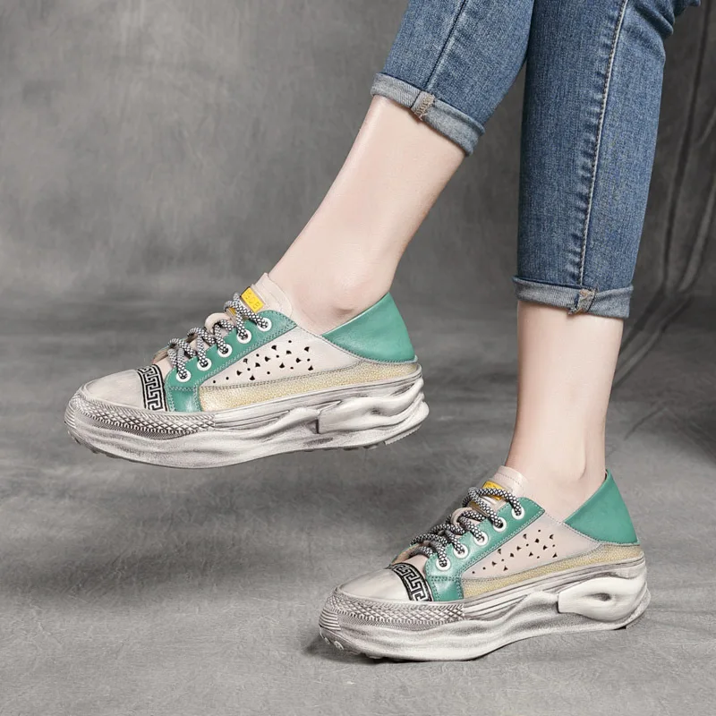 

Handmade Retro Color Matching Hollow-out Platform First Layer Cowhide Brushed Two-Way Lazy Summer