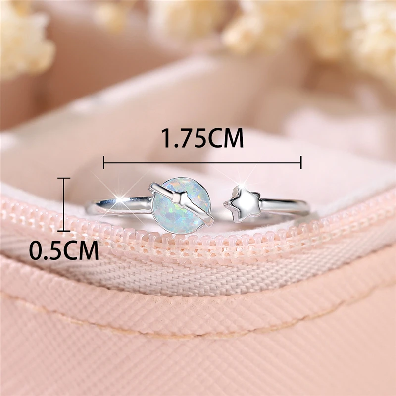 Cute Female Small Round White Blue Fire Opal Stone Adjustable Ring Boho Silver Color Open Wedding Jewelry For Women