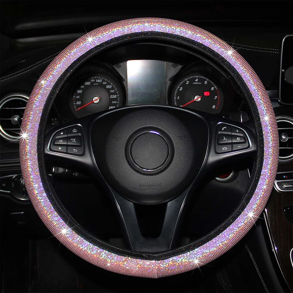 

1set Car Steering Wheel Cover 37-38cm Glitter Bling Handbrake Cover Gear Cover Pink Wear-resistant Anti-slip Car Interior Parts