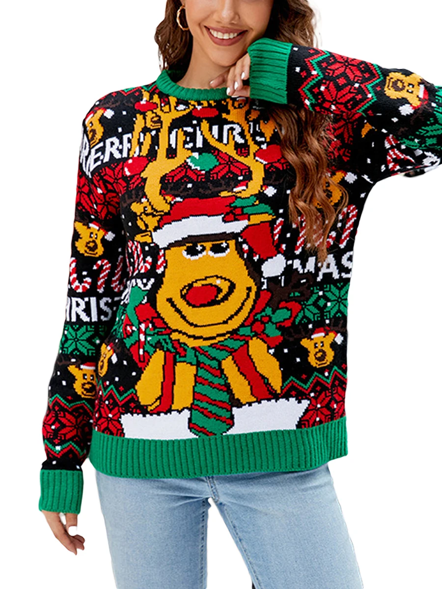 

Женский Рождественский свитер с альпакой, свободный трикотажный джемпер с круглым вырезом и забавным принтом, Осень-зима 2023