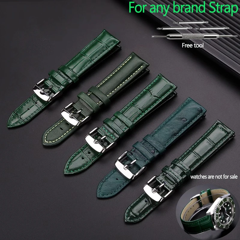 Elegant Green Leather Watch Strap with Butterfly Clasp - Soft Cowhide Band & Tool Included