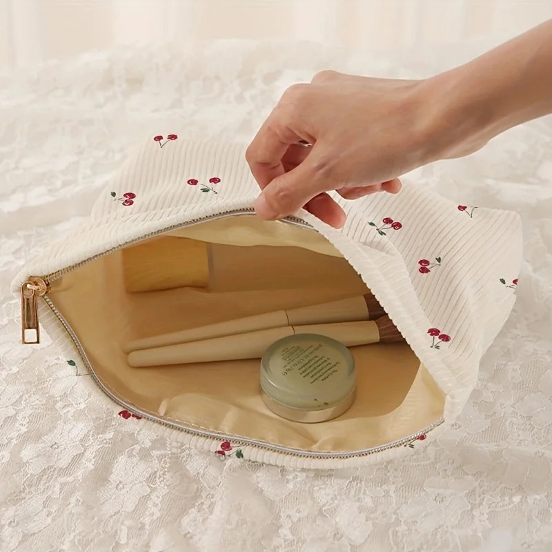 Cherry printed corduroy makeup bag, lightweight zipper makeup storage box, multifunctional bag with lining 3