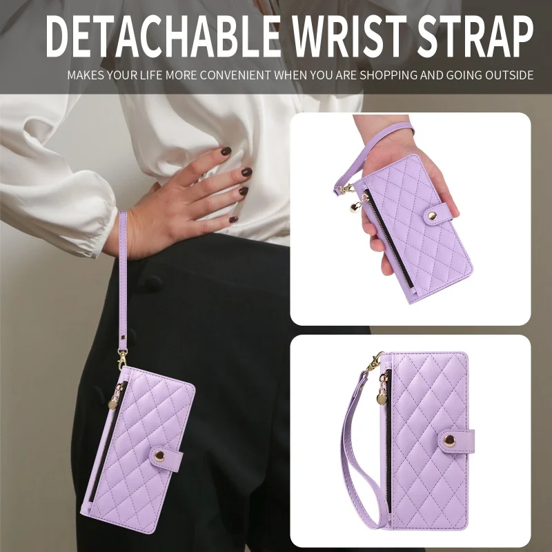 Elegant Leather Zipper Flip Phone Case with Long Lanyard and Wrist Strap Wallet