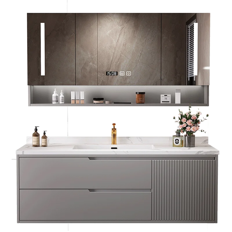 

Light luxury rock slab seamless basin, bathroom cabinet combination, oak paint, hand wash basin, sink, bathroom