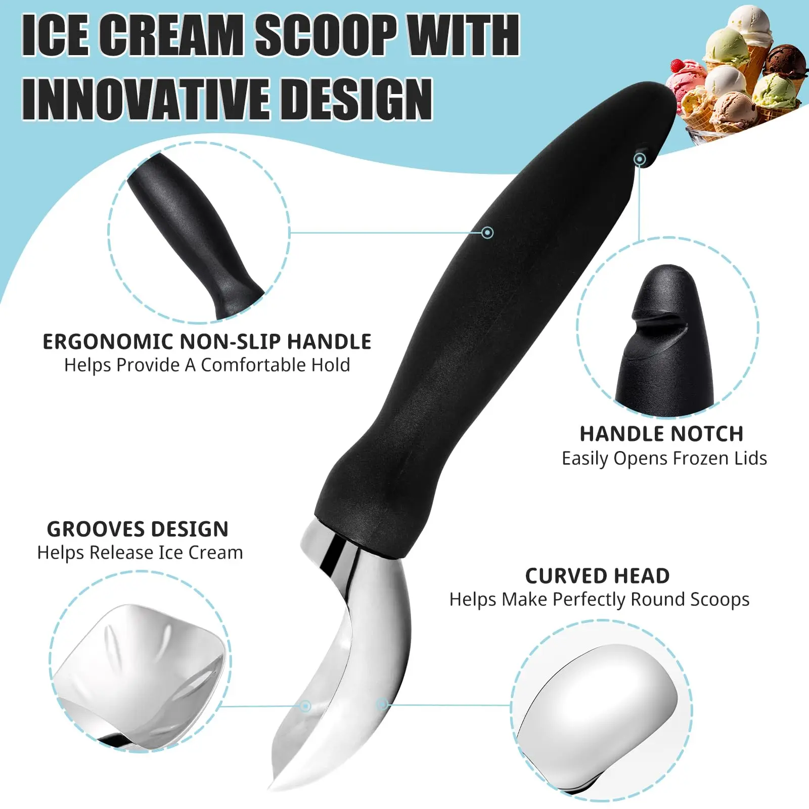 Ice Cream Scoop, Comfortable to Hold Professional Large Ice Cream Scoop, Used to Scoop Frozen Hard Cream, Cookie Dough