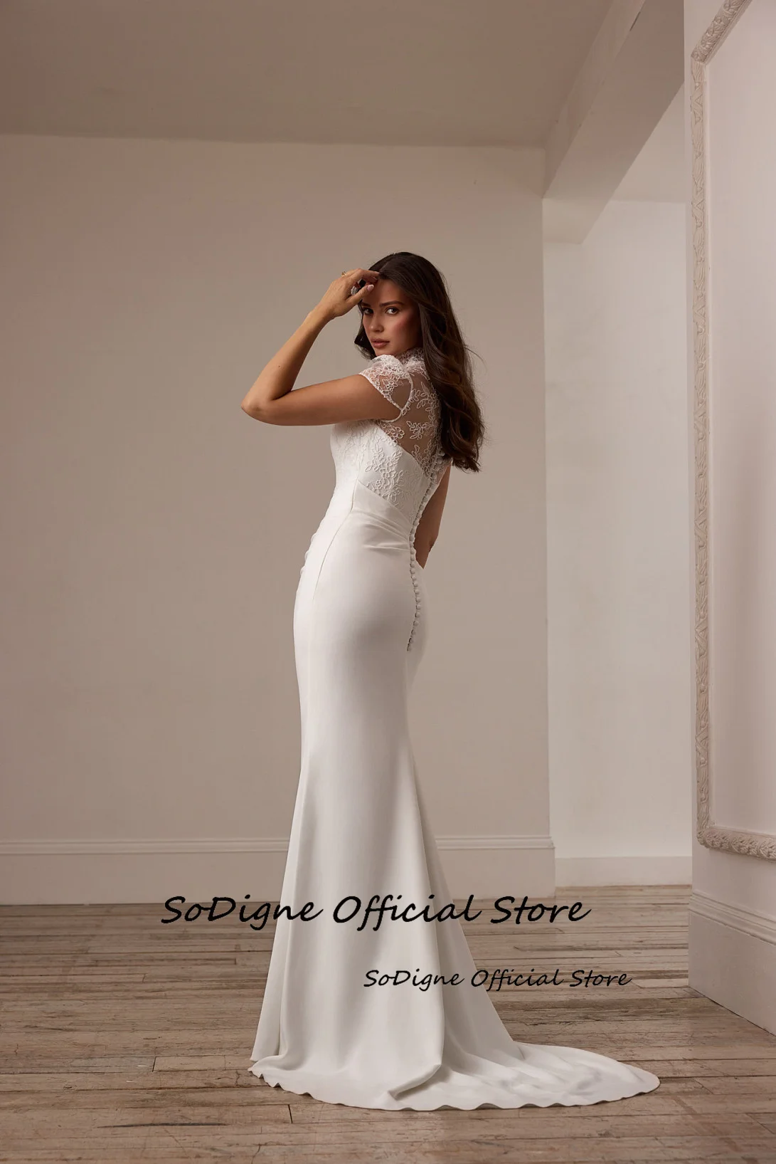 SoDigne Mermaid Lace/Satin Bride Dresses High Neck Short Sleeves Wedding Dress Long Bridal Gowns vestidos de novia Customized 14 Scc7b7f23a9a34069bc5f3ccc1bbbe541k
