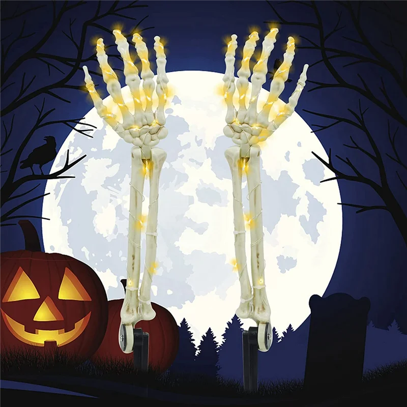 

Halloween Decorations Lighted Skeleton Arm Stakes 40 LED Warm White Lights Battery Operated, Indoor Outdoor Ornament