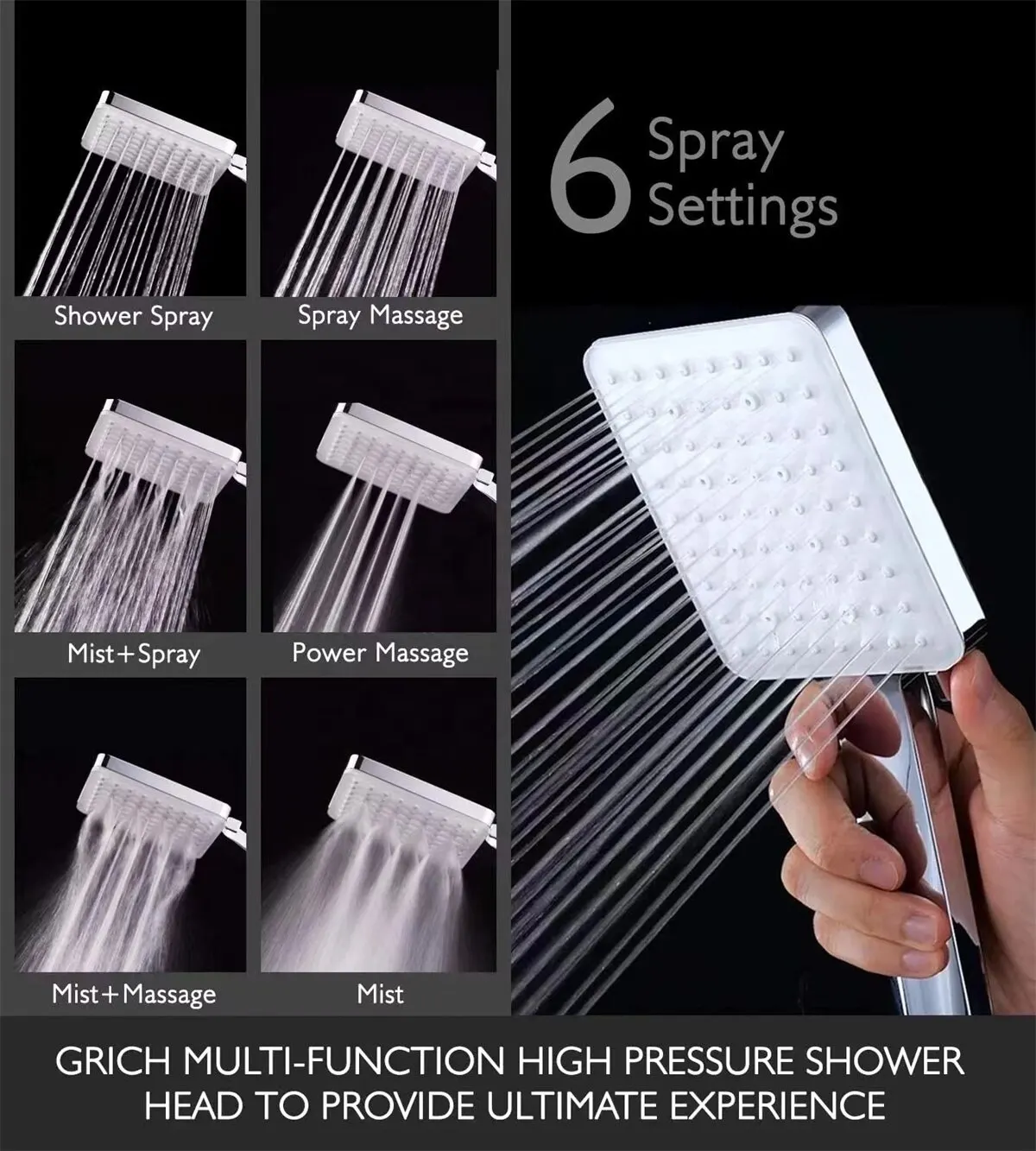 6 Spray Modes Settings Bathroom Handheld High Pressure Shower Heads