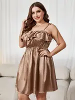 Plus Size Women's Summer Dress Silk Satin with Double Layer Ruffle Sleeveless Cold Shoulder Elastic Waist Vacation Gown Robe - Image 4