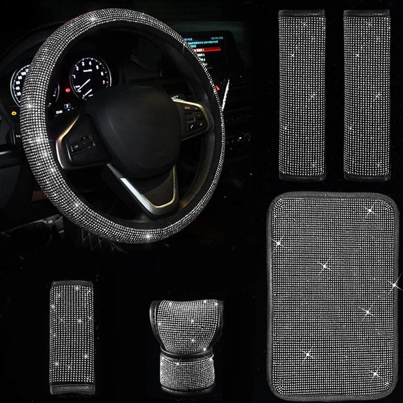 

Bling Rhinestones Car Steering Wheel Cover With Diamond Set Summer Shoulder Seatbelt Shifter Gear Handbrake Cover Rmrest Box Pad