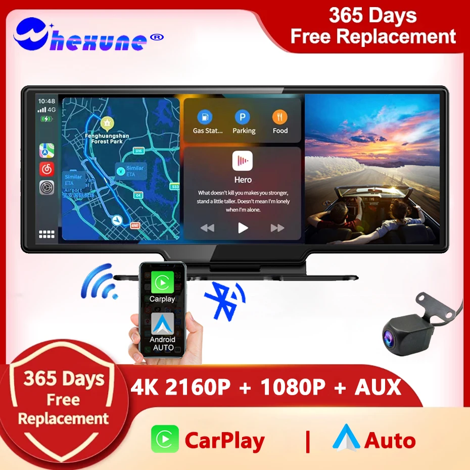 4K Car Dvr Wireless Carplay Android Auto Dash Cam Aux Gps Wifi Telecamera Per Specchietto Retrovisore Dual Lens Videoregistratore Dashcam Cruscotto