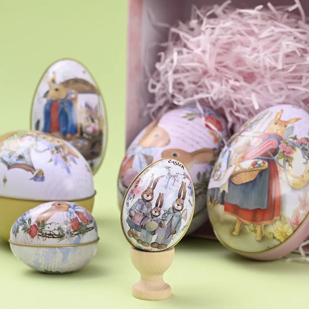 3/6 Stück Ostereierform Weißblech Geschenkbox Vintage Kaninchen Hase Bedruckter Metall Süßigkeiten Kekse Behälter für Ostern Party Geschenkbevorzugung – Detail 3