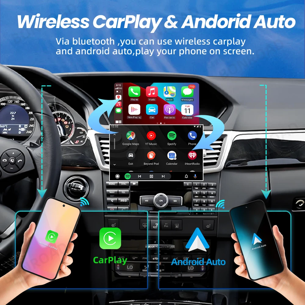 BONROAD Reproductor Multimedia con Pantalla Táctil de 7 Pulgadas, CarPlay Inalámbrico, Estilo Original para Auto, Android Auto para Mercedes Benz Clase E W212 S212 W207 A207 C207 2009-2016, Pantalla de Navegación 3
