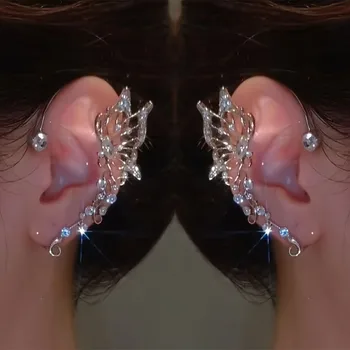 Korean Fashion Butterfly Elf Ear Hanging Earrings For Women Jewelry 2025 Trending New Luxury Ear Cuff Without Hole Fake Earrings