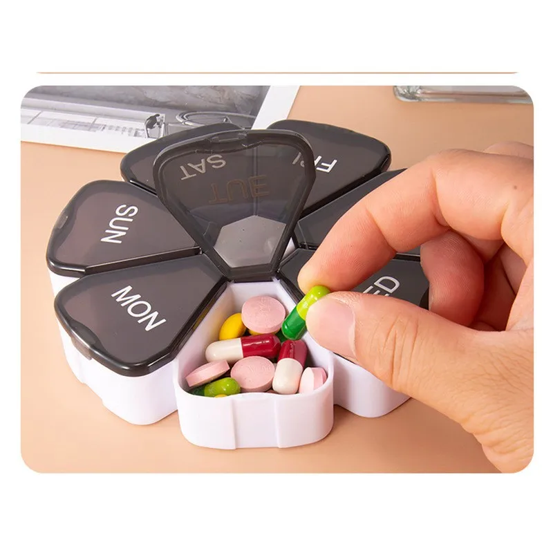 Circular Portable Seven Grid Medicine Box Transparent Colored Black and White Petal Tablets Storage and Packaging Medicine Box medicine storage box