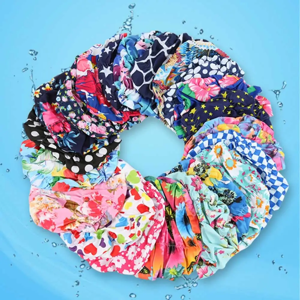 Elastic Nylon Turban Pool Bathing Hats Long Hair Bathing Swimming Protect Caps Men Women Flowers Printed Pleated Swimming Cap 2