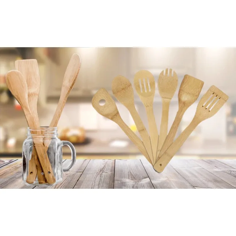 Eco-friendly Bamboo Kitchen Utensil Set Wooden Cooking Tools Non-stick Spatulas and Spoons with Holder for Cooking Baking