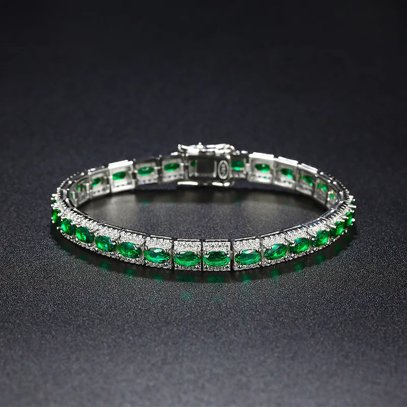 

S925 Sterling Silver Oval Green Spinel Bracelet Women Ins Design Oval Gemstone Chain Bracelet Bangles White Gold Plated Gift